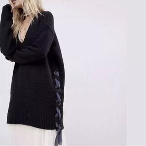 Free People Hearts In Laces Black Oversized Lace Up Sweater Size XS